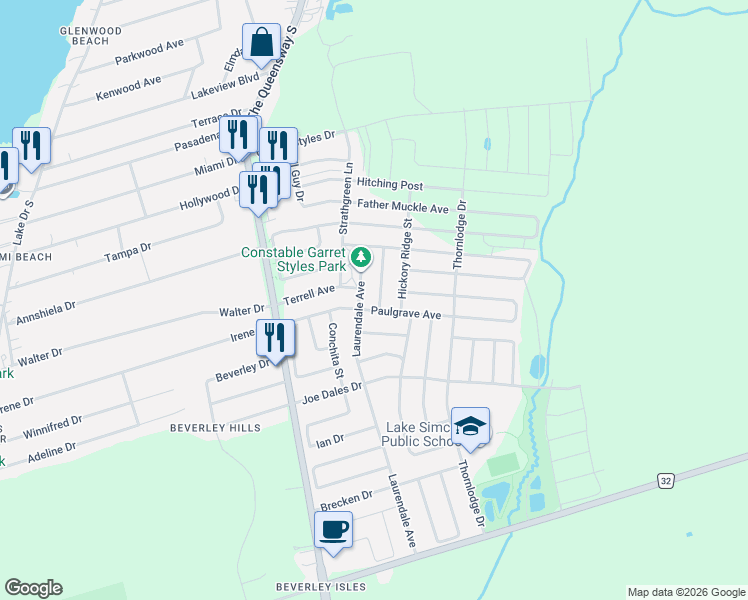 map of restaurants, bars, coffee shops, grocery stores, and more near 10 Lundigan Drive in Georgina