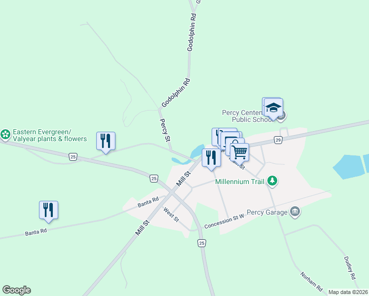 map of restaurants, bars, coffee shops, grocery stores, and more near 29 Old Hastings Road in Northumberland County