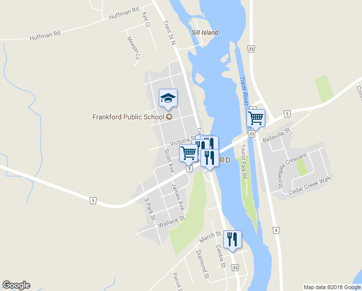 map of restaurants, bars, coffee shops, grocery stores, and more near 43 Victoria Street in Quinte West