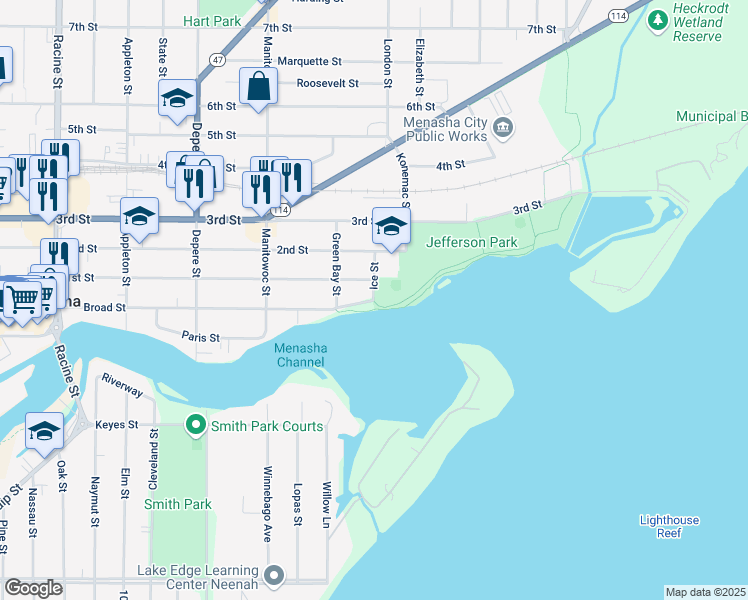 map of restaurants, bars, coffee shops, grocery stores, and more near 450 Ice Street in Menasha