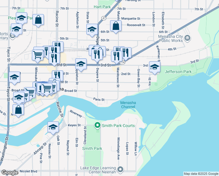 map of restaurants, bars, coffee shops, grocery stores, and more near 723 Broad Street in Menasha