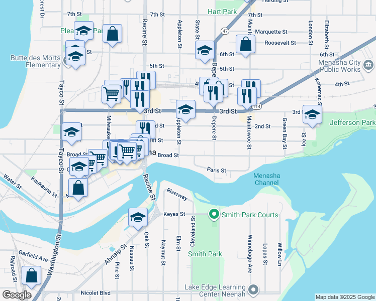 map of restaurants, bars, coffee shops, grocery stores, and more near 606 Broad Street in Menasha