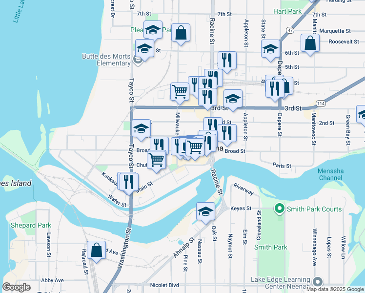 map of restaurants, bars, coffee shops, grocery stores, and more near 408 Broad Street in Menasha