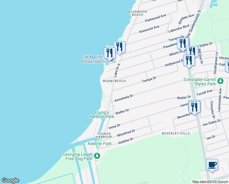 map of restaurants, bars, coffee shops, grocery stores, and more near 361 Tampa Drive in Georgina