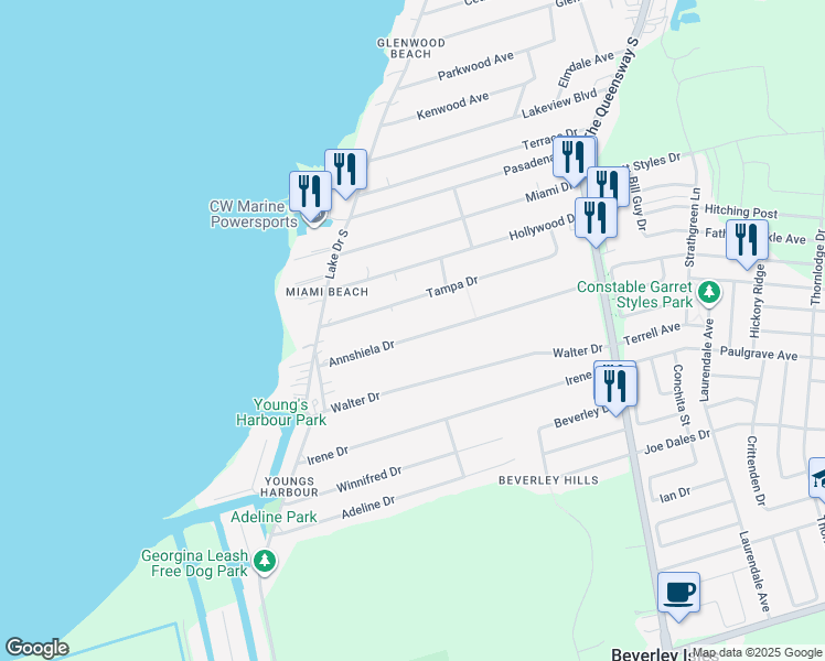 map of restaurants, bars, coffee shops, grocery stores, and more near 328 Annshiela Drive in Georgina
