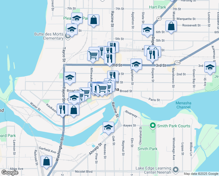 map of restaurants, bars, coffee shops, grocery stores, and more near 84 Racine Street in Menasha