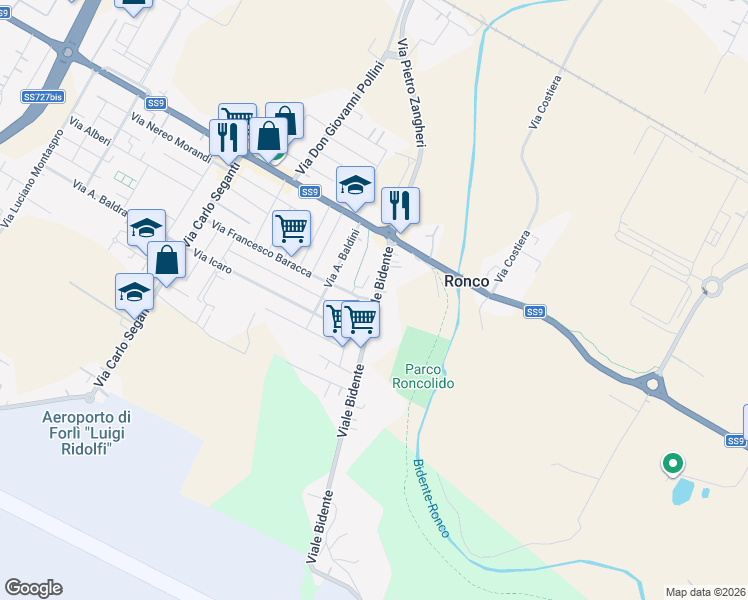 map of restaurants, bars, coffee shops, grocery stores, and more near in Forli