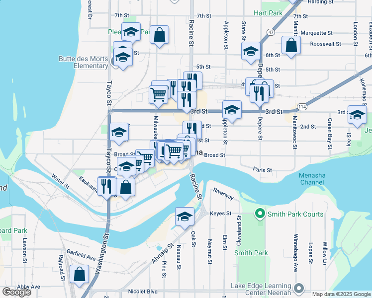 map of restaurants, bars, coffee shops, grocery stores, and more near in Menasha