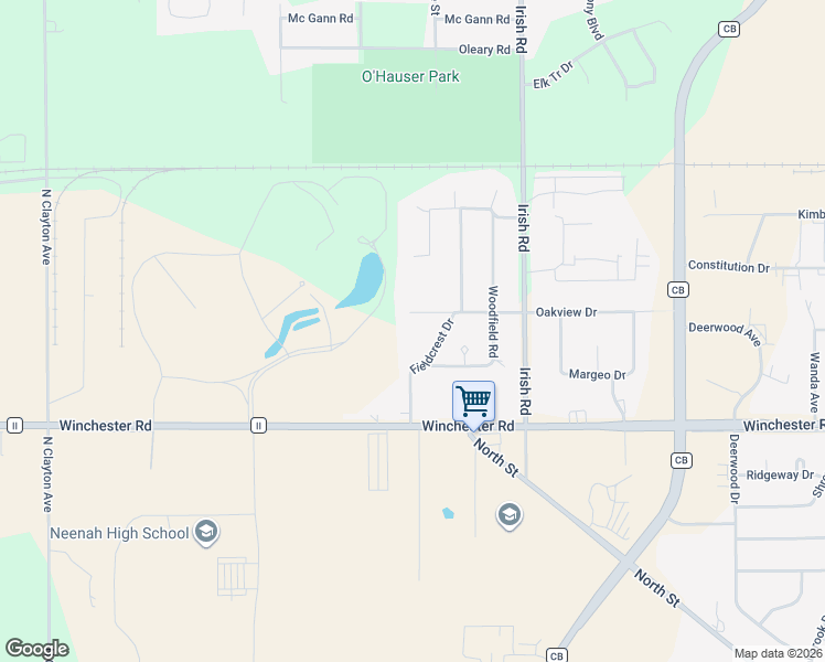 map of restaurants, bars, coffee shops, grocery stores, and more near 716 Fieldcrest Drive in Neenah