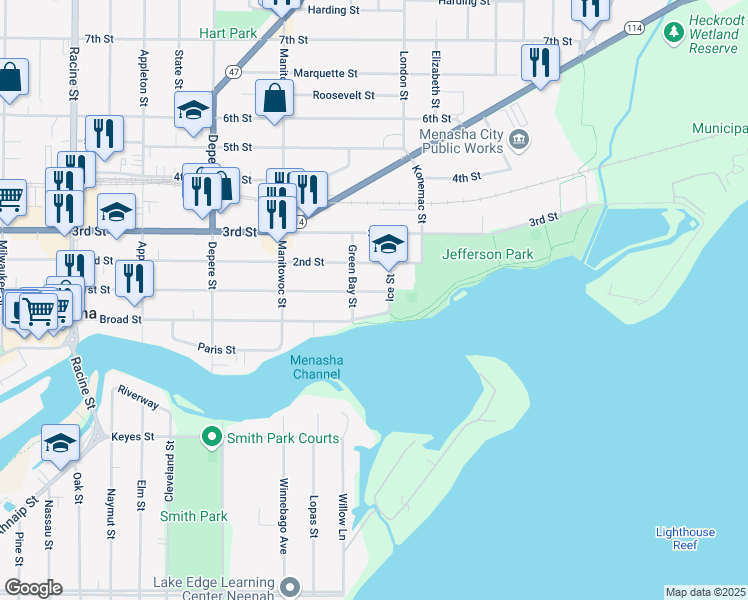 map of restaurants, bars, coffee shops, grocery stores, and more near 450 Ice Street in Menasha