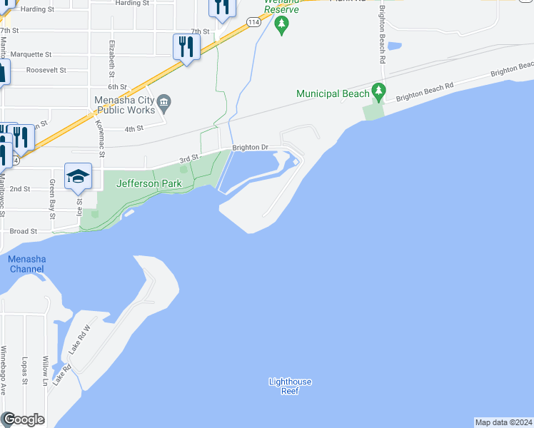 map of restaurants, bars, coffee shops, grocery stores, and more near 1045 Brighton Drive in Menasha