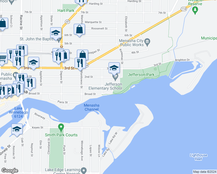 map of restaurants, bars, coffee shops, grocery stores, and more near 863 1st Street in Menasha