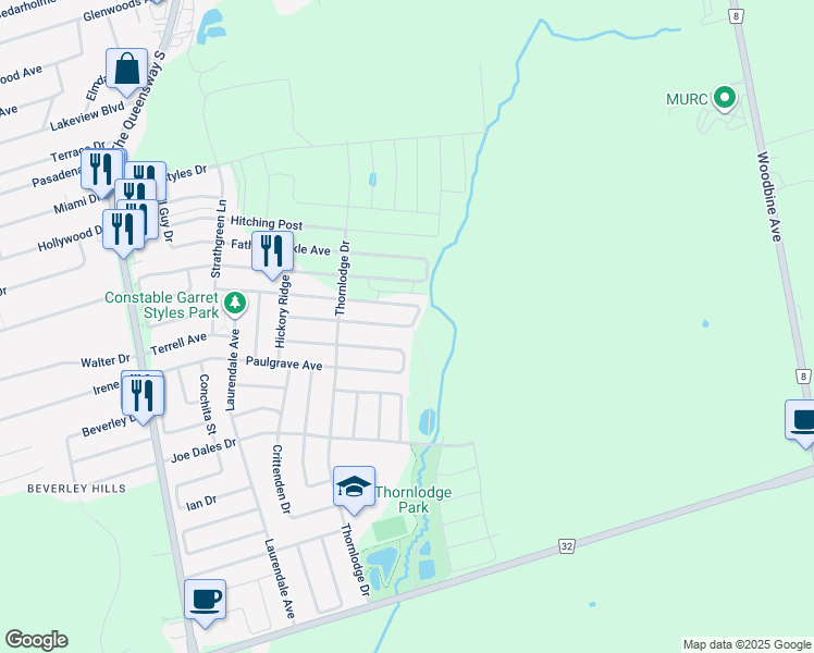 map of restaurants, bars, coffee shops, grocery stores, and more near Bud Leggett Crescent in Georgina