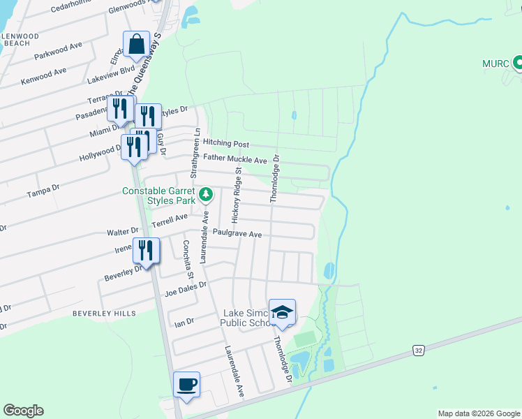 map of restaurants, bars, coffee shops, grocery stores, and more near 23 Grey Wing Avenue in Georgina