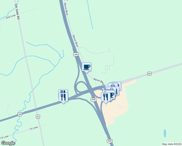 map of restaurants, bars, coffee shops, grocery stores, and more near 65 Reive Boulevard in Innisfil