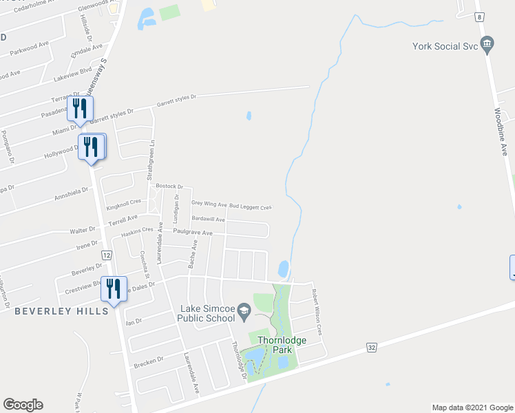 map of restaurants, bars, coffee shops, grocery stores, and more near 8 Bud Leggett Crescent in Georgina