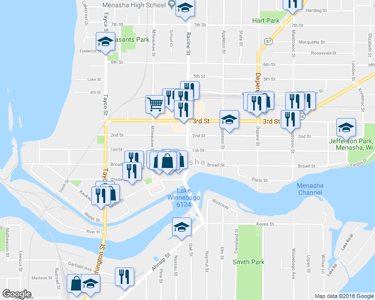 map of restaurants, bars, coffee shops, grocery stores, and more near 93 Racine Street in Menasha