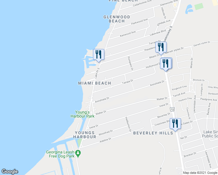 map of restaurants, bars, coffee shops, grocery stores, and more near 340 Tampa Drive in Georgina