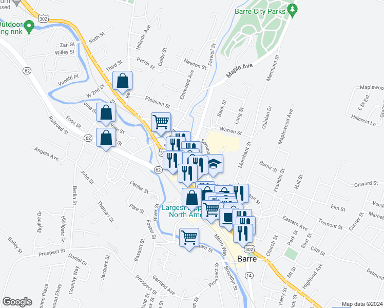 map of restaurants, bars, coffee shops, grocery stores, and more near 111 Summer Street in Barre