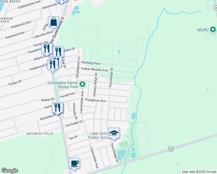 map of restaurants, bars, coffee shops, grocery stores, and more near 20 Grey Wing Avenue in Georgina