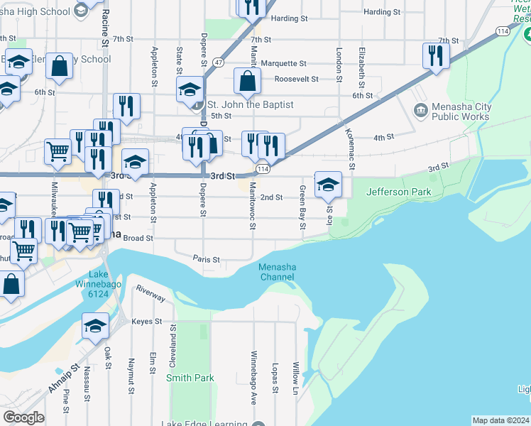 map of restaurants, bars, coffee shops, grocery stores, and more near 105 Manitowoc Street in Menasha