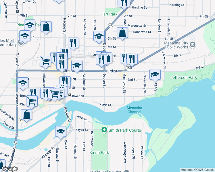 map of restaurants, bars, coffee shops, grocery stores, and more near 704 1st Street in Menasha
