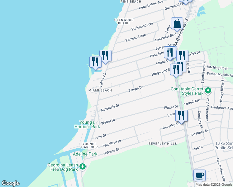 map of restaurants, bars, coffee shops, grocery stores, and more near 338 Tampa Drive in Georgina