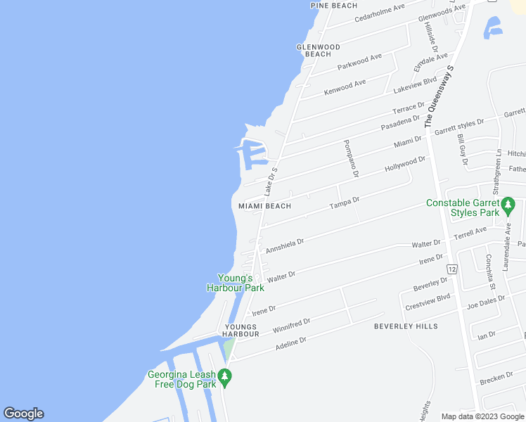 map of restaurants, bars, coffee shops, grocery stores, and more near 564 Lake Drive South in Georgina