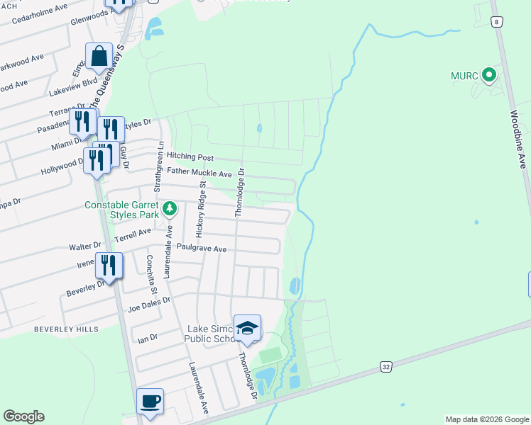 map of restaurants, bars, coffee shops, grocery stores, and more near 57 Bud Leggett Crescent in Georgina