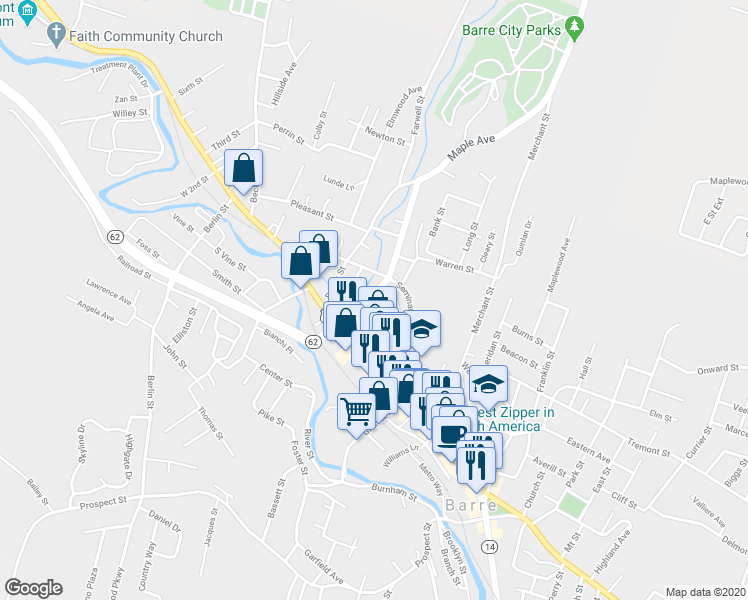 map of restaurants, bars, coffee shops, grocery stores, and more near 29 Maple Avenue in Barre