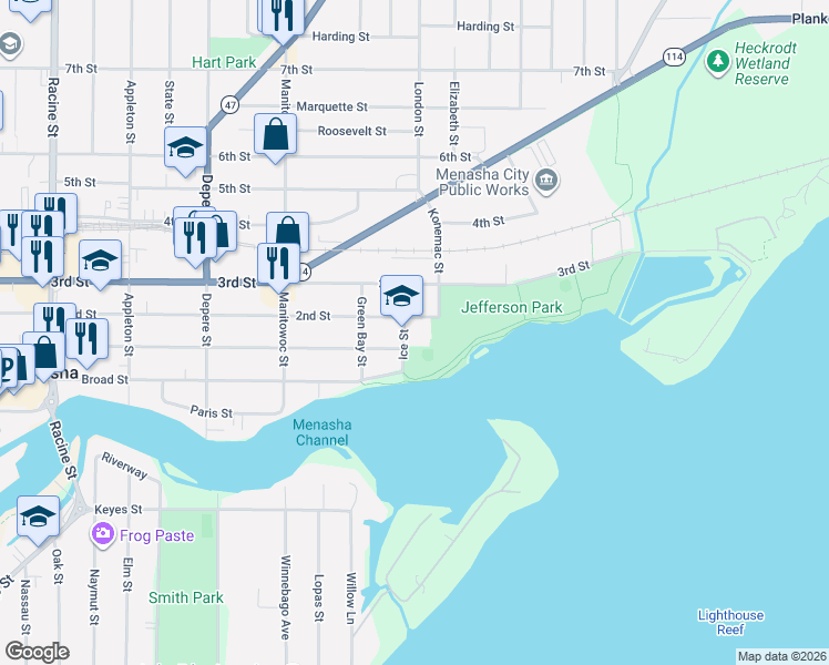 map of restaurants, bars, coffee shops, grocery stores, and more near 871 2nd Street in Menasha