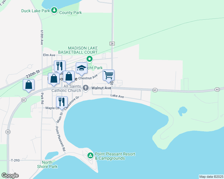 map of restaurants, bars, coffee shops, grocery stores, and more near 105 Walnut Avenue in Madison Lake