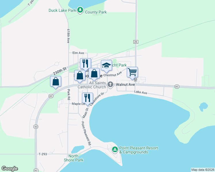 map of restaurants, bars, coffee shops, grocery stores, and more near 400 Walnut Avenue in Madison Lake
