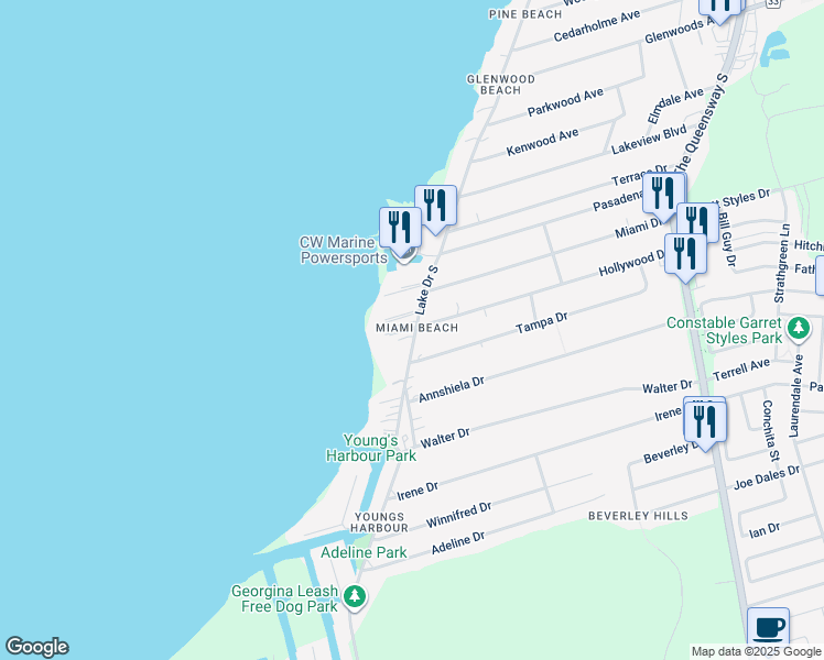 map of restaurants, bars, coffee shops, grocery stores, and more near 562 Lake Drive South in Georgina