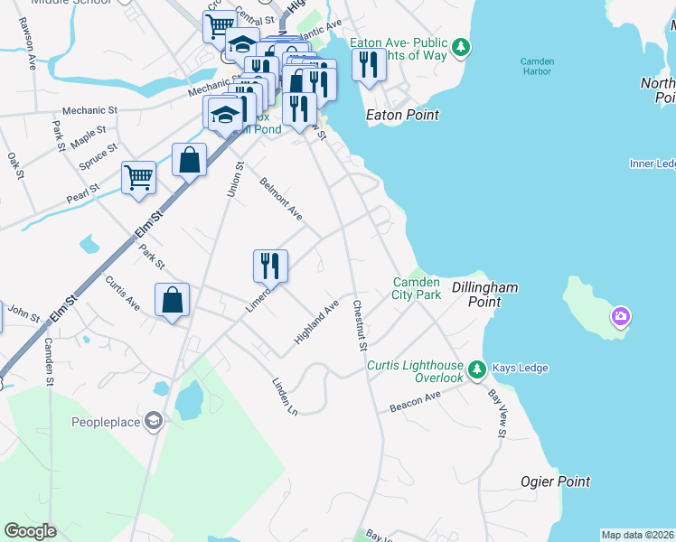 map of restaurants, bars, coffee shops, grocery stores, and more near 6 Hall Avenue in Camden