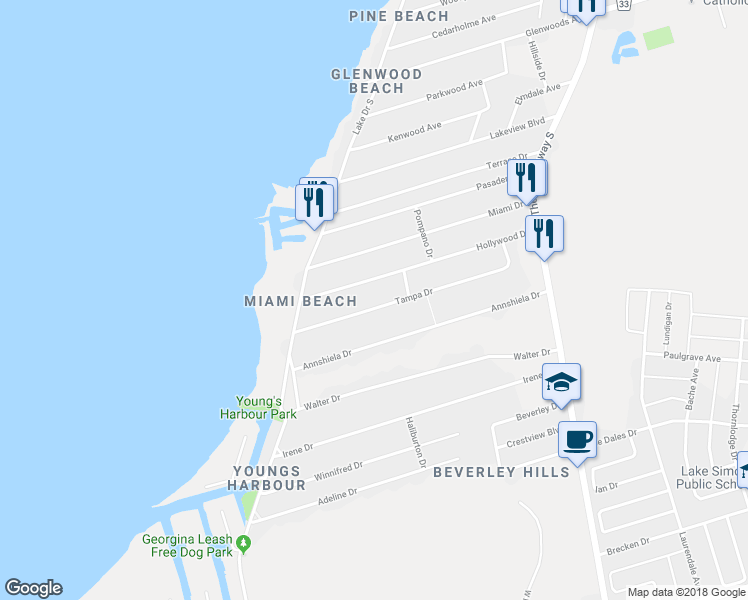 map of restaurants, bars, coffee shops, grocery stores, and more near 328 Tampa Drive in Georgina
