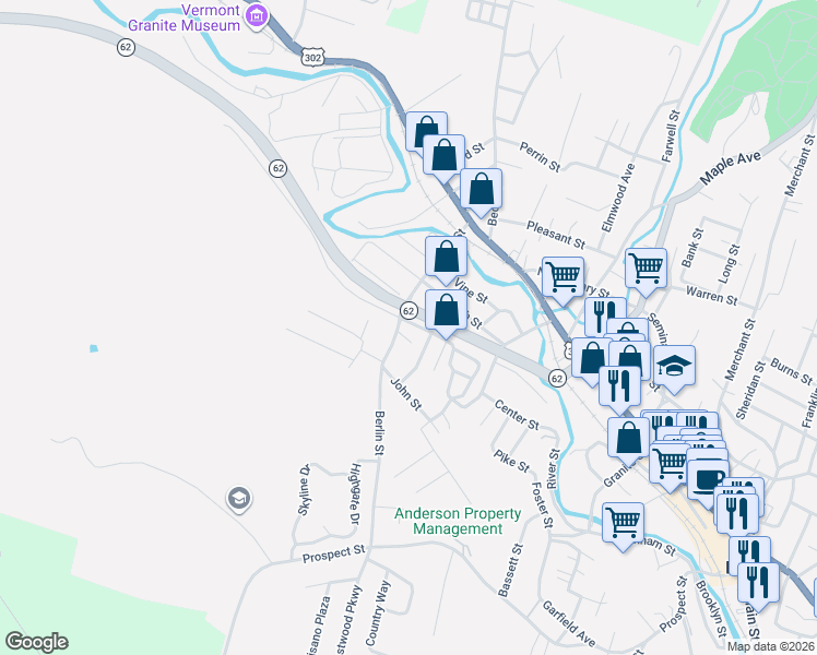 map of restaurants, bars, coffee shops, grocery stores, and more near 44 Railroad Street in Barre