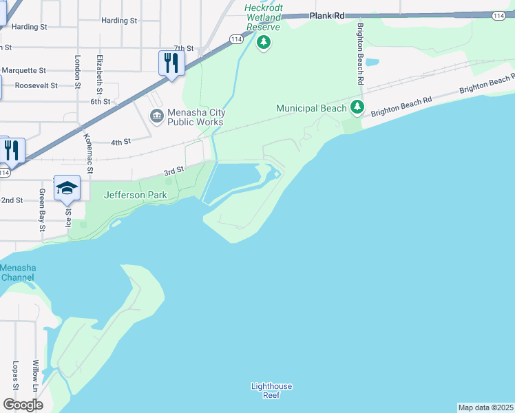 map of restaurants, bars, coffee shops, grocery stores, and more near 1045 Brighton Drive in Menasha