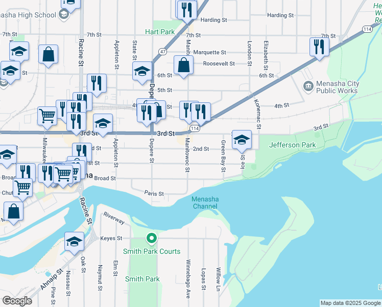 map of restaurants, bars, coffee shops, grocery stores, and more near 105 Manitowoc Street in Menasha