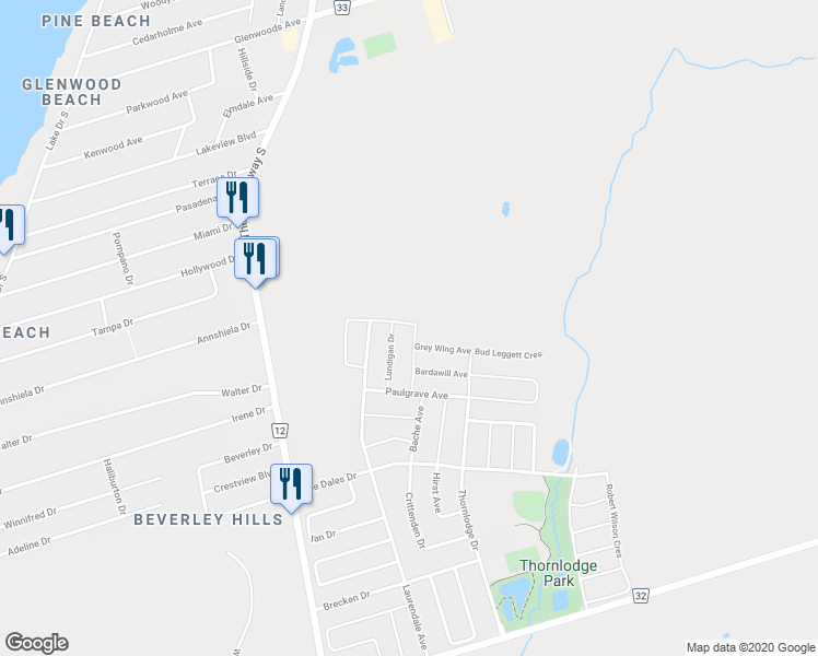 map of restaurants, bars, coffee shops, grocery stores, and more near 40 Hickory Ridge Street in Georgina