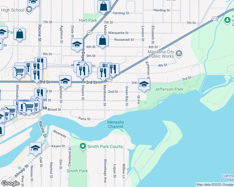map of restaurants, bars, coffee shops, grocery stores, and more near 825 2nd Street in Menasha