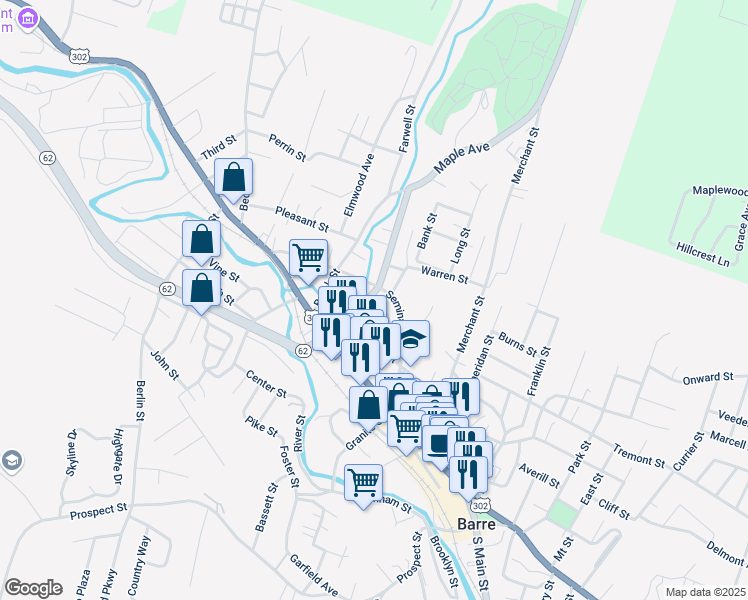 map of restaurants, bars, coffee shops, grocery stores, and more near 29 Maple Avenue in Barre