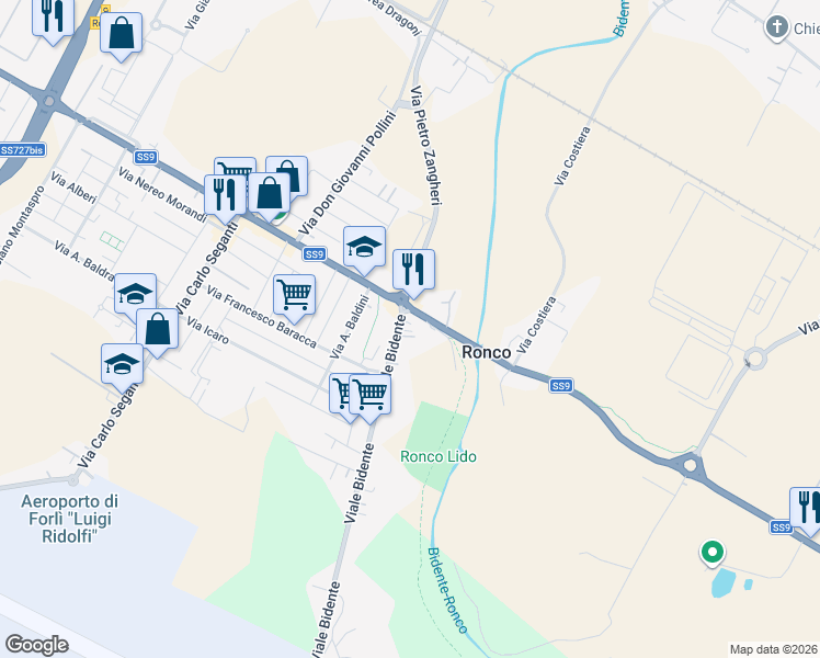 map of restaurants, bars, coffee shops, grocery stores, and more near 6 Via Borghetto Rotondo in Forlì
