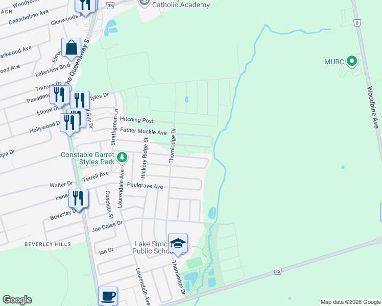 map of restaurants, bars, coffee shops, grocery stores, and more near 58 Bud Leggett Crescent in Georgina