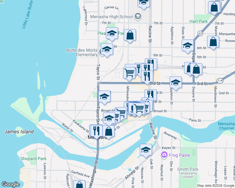 map of restaurants, bars, coffee shops, grocery stores, and more near 341 2nd Street in Menasha