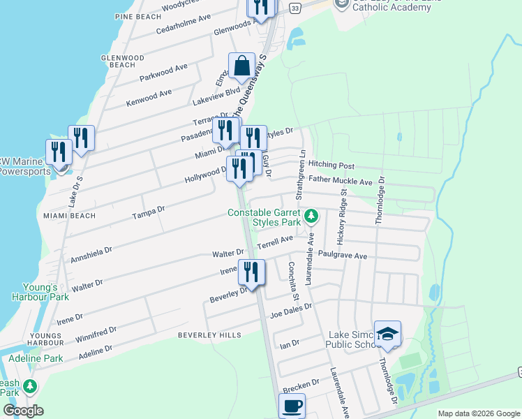 map of restaurants, bars, coffee shops, grocery stores, and more near 8 Clear Spring Avenue in Georgina