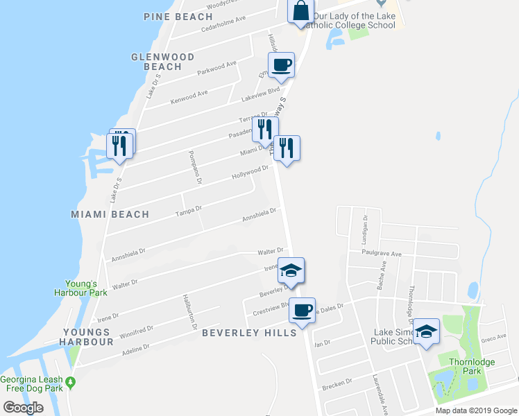 map of restaurants, bars, coffee shops, grocery stores, and more near 274 Annshiela Drive in Georgina