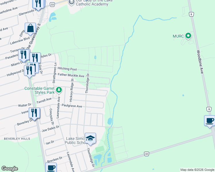 map of restaurants, bars, coffee shops, grocery stores, and more near 31 Lorrain Hand Crescent in Georgina