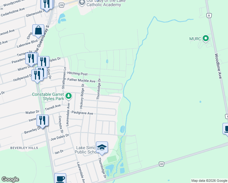map of restaurants, bars, coffee shops, grocery stores, and more near 23 Lorrain Hand Crescent in Georgina