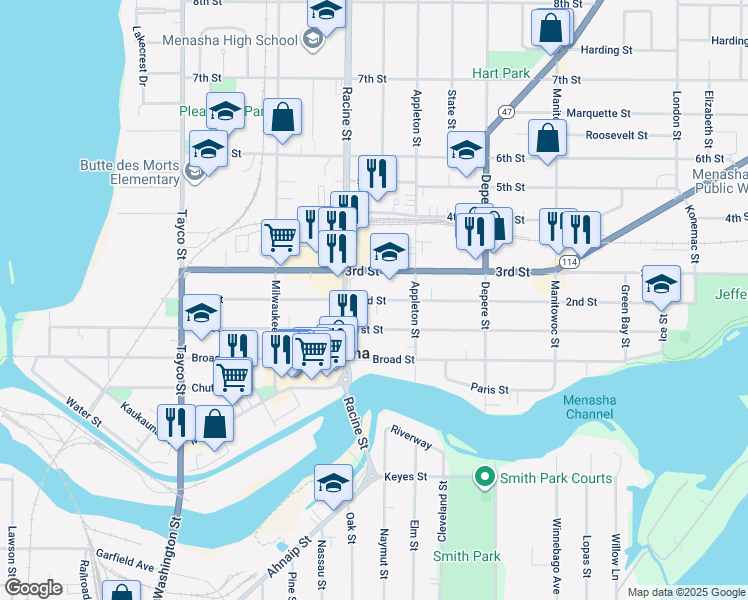 map of restaurants, bars, coffee shops, grocery stores, and more near 540 2nd Street in Menasha